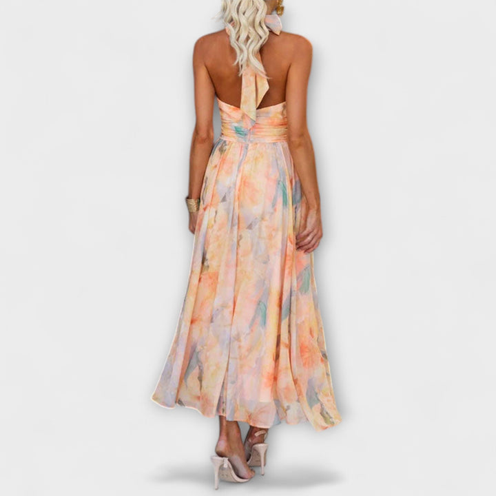 Barbara | Halter-Neck Watercolor Print Maxi Dress