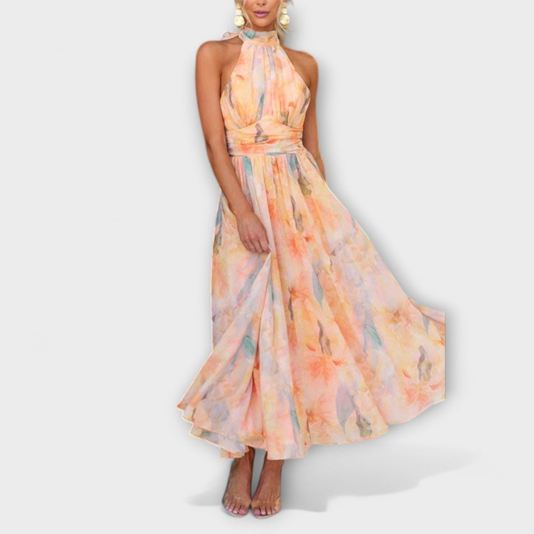 Barbara | Halter-Neck Watercolor Print Maxi Dress