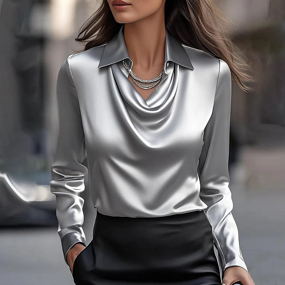Noelle™ | Shiny Blouse with Pleated Neck