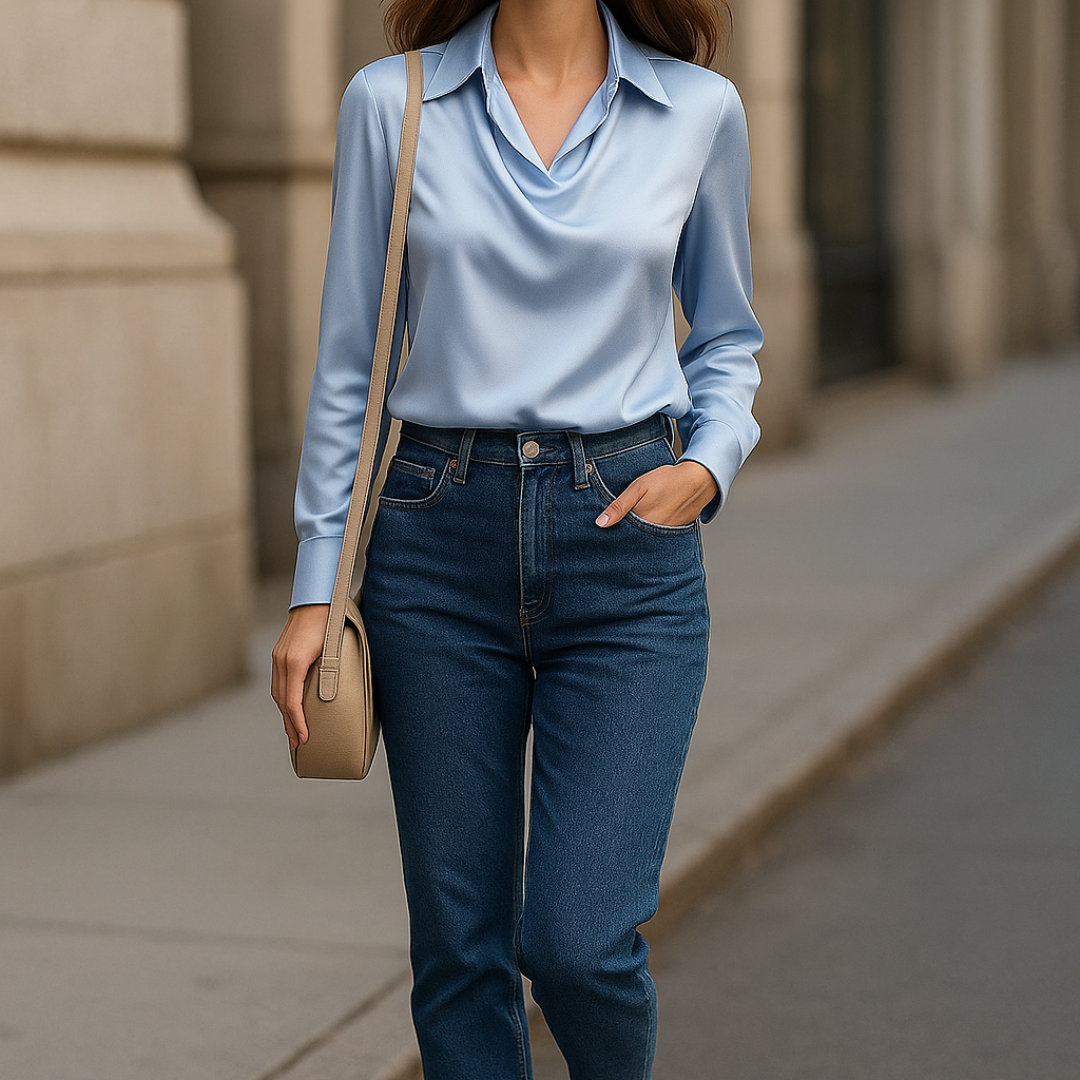 Noelle™ | Shiny Blouse with Pleated Neck